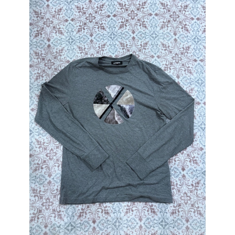 Express Mens Gray Long Sleeve Graphic Tee Abstract Velvet Circle Small